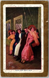 Those Were Happy Days, 1910 Group Of People On Porch Swing In Dress, Postcard