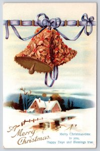 Clapsaddle Christmas~Brown Leaves & Berry Bells~Cottage in Snow~Full Moon~1912