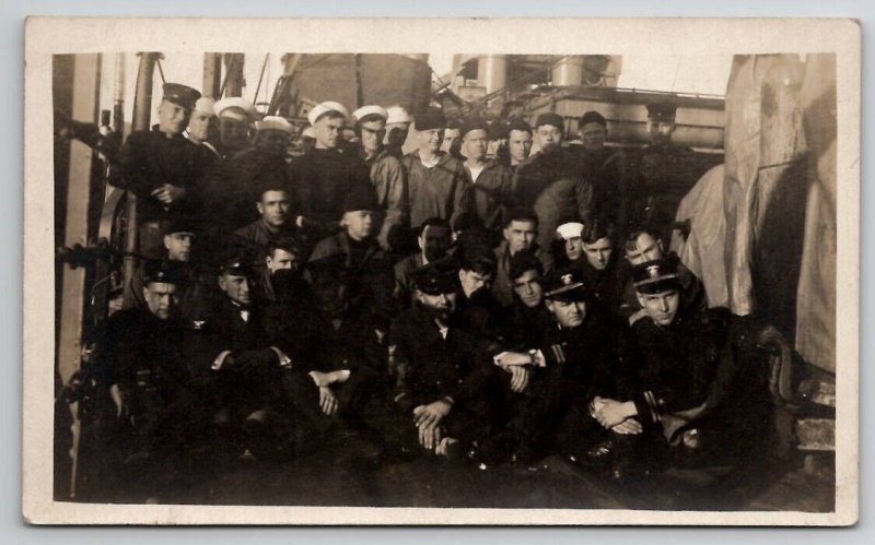 RPPC WW1 Group US Navy Officer's and Sailors On Ship Real Photo Postcard Q27