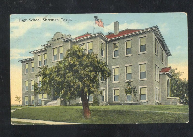 SHERMAN TEXAS HIGH SCHOOL BUILDING VINTAGE POSTCARD 1920 TO FORT SMITH ARK