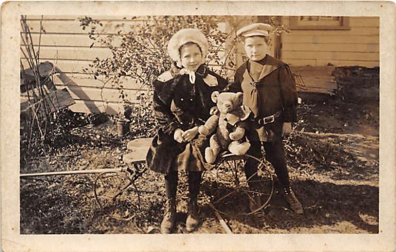 Girl & boy with stuffed Teddy bear Child, People Photo Unused 