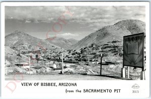 c1940s Bisbee, AZ RPPC Sacramento Pit Copper Mine Sign Mining Town Photo PC A114