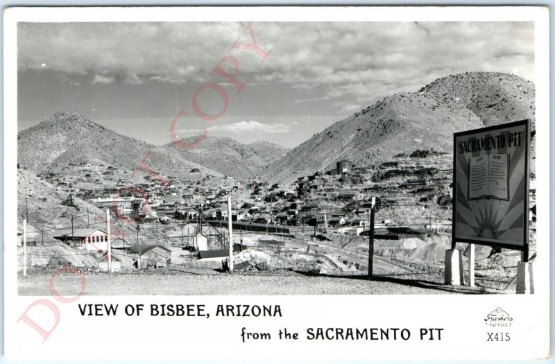 c1940s Bisbee, AZ RPPC Sacramento Pit Copper Mine Sign Mining Town Photo PC A114