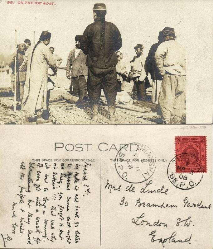 china, Chinese Men on Ice Boat, Pigtail 1908 RPPC, Tientsin - Shanghai to London