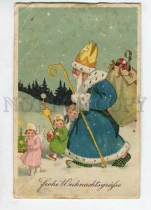 3126964 Blue-Robed St. NICHOLAS w/ ANGELS & Gifts Vintage PC