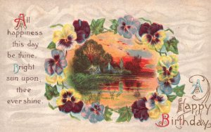 Vintage Postcard Happy Birthday Greeting Card Sunset House Lake Nature Flowers