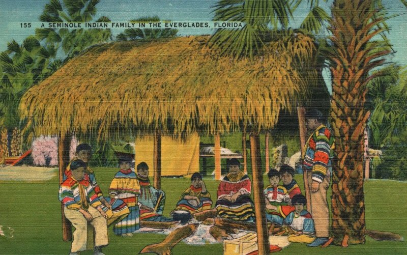 Vintage Postcard 1949 Native American Family Gathering For Feast In Everglades