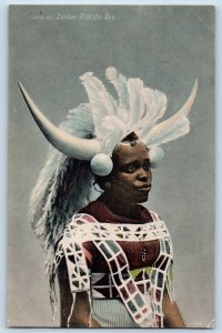 Durban South Africa Postcard Feather and Horns Headdress Ricksha Boy c1910