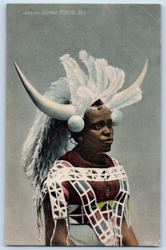 Durban South Africa Postcard Feather and Horns Headdress Ricksha Boy c1910