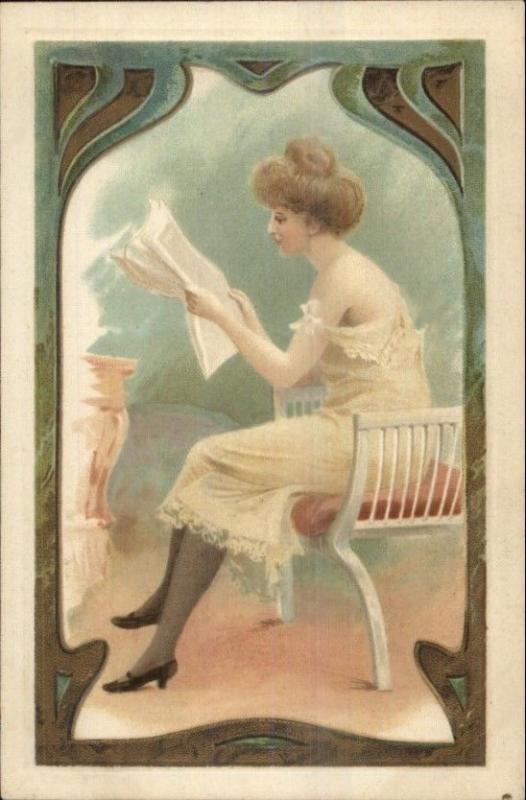 Sexy Woman Lingerie Hi-Heel Shoes Reading Newspaper Art Nouveau Border PC