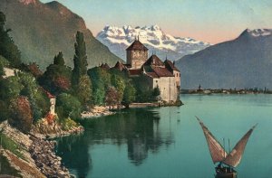 Vintage Postcard Chillon Et La Dent Du Midi Geneva Lake Switzerland