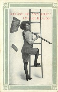 c1910 Social Issues Postcard Smiling Woman Bricklayer Took A Man's Job, Posted