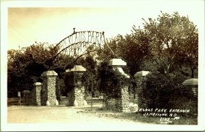 RPPC Klaus Park Entrance Arch Jamestown North Dakota Real Photo Postcard Kins