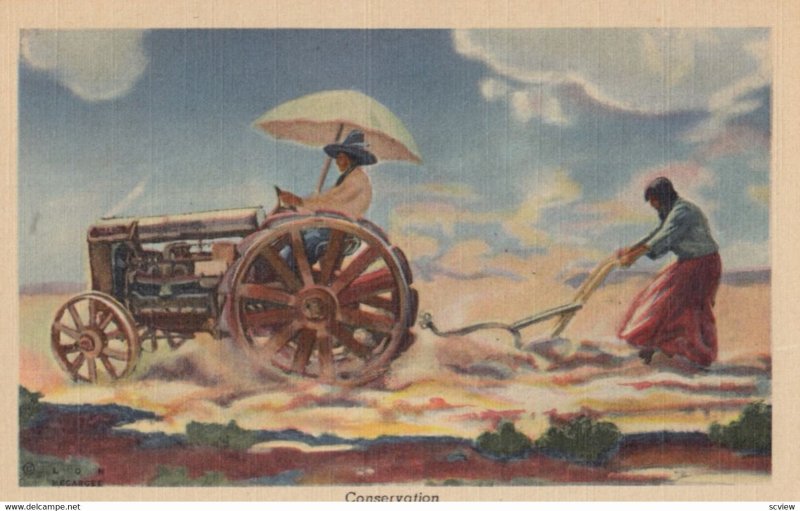 Indian couple plowing with a tractor, 1930-40s; CONSERVATION