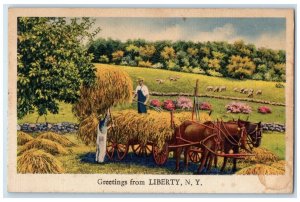 c1940 Greetings From Liberty New York Horse Carriage Farmers Animals NY Postcard