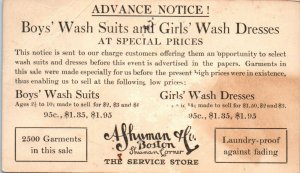 1917 A. Shuman & Co. Boston MA Garment Sale Advertising Postcard