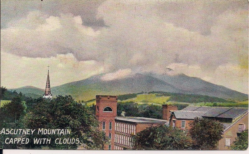 Windsor VT, Mount Ascutney, Mill, Church, Clouds, 1910 German Litho