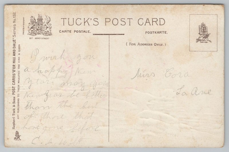 TUCK~Ocean Scene~Boat On Land Nr House~People~Emb~O'er Hill And Dale~132~Vtg PC 