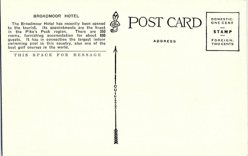 Broadmoor Hotel Colorado Springs Colo. Vintage Postcard Standard View Card 