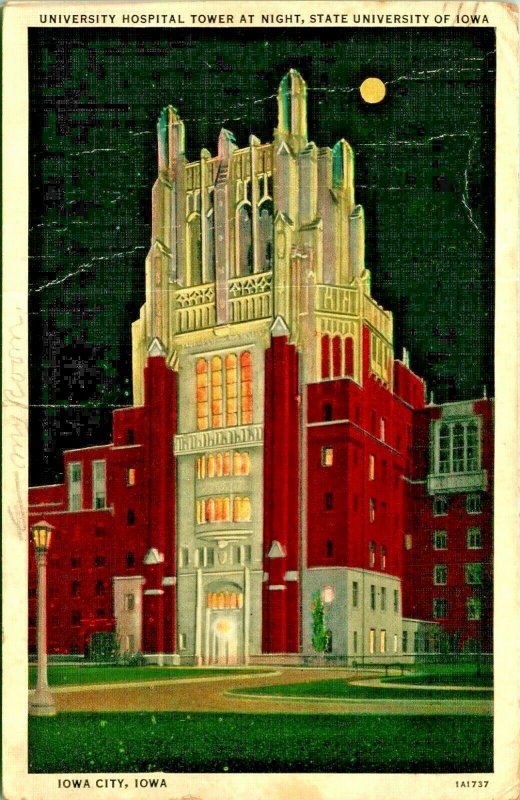Night View University of Iowa Hospital Tower Iowa City IA WB Postcard Full Moon