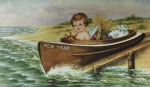 Vintage New Year Postcard Cute Baby Boy Driving Steering Boat Money Bag