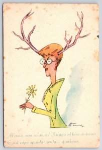 Woman With Antlers Coming out of Her Head Flower Signed Spanish Postcard