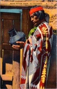 Linen Postcard Indian Pottery Maker, Ole Southwest