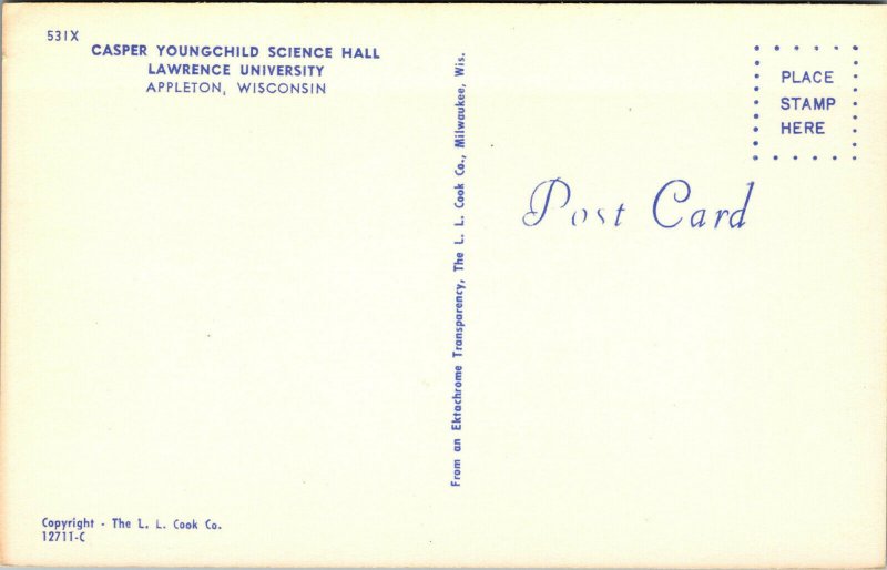 Vtg Casper Youngchild Science Hall Lawrence University Appleton WI Postcard