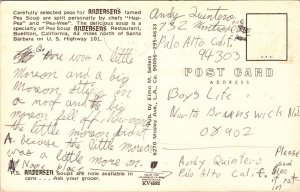 Pea Soup Andersens Restaurant Buellton California CA Postcard UNP WOB Note VTG 