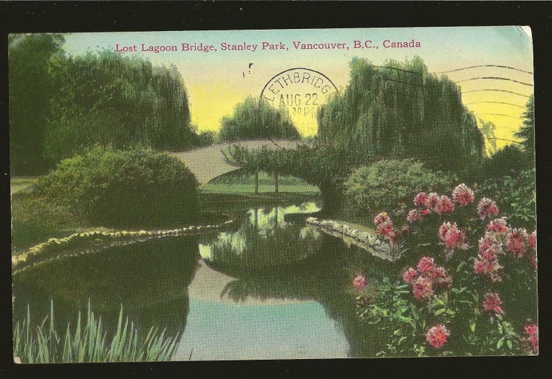 Postmarked 1946 Vancouver BC Lost Lagoon Bridge Stanley Park Color Postcard