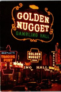 Fremont St Night Scene Golden Nugget Bentleys Trading Post Hotel Apache Postcard