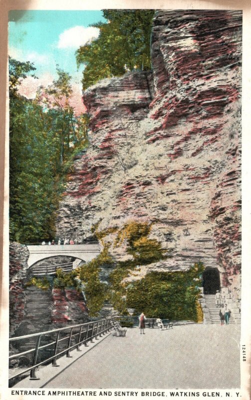 Vintage Postcard 1949 Entrance Amphitheatre Sentry Bridge Watkins Glen