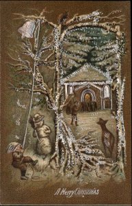 Christmas Fantasy Gnome Ringing Bell Silver Inlay c1910 Vintage Postcard