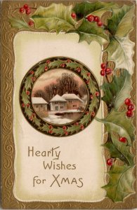 Christmas Greeting Lovely Country in Holly Wreath Golden Border Postcard W10