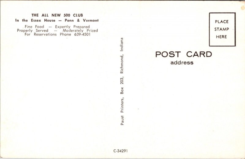 Postcard 500 Club Restaurant and Lounge at Essex House Pennsylvania and Vermont
