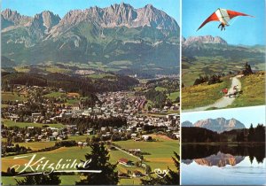 Postcard Austria Tirol - Kitzbuhel  town with mountains, hang glider