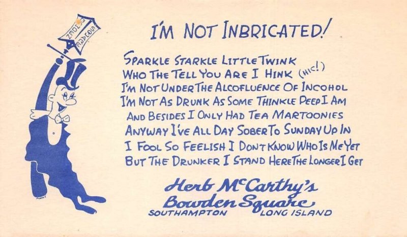 Southampton New York McCarthy's Bowden Square Drunk Man Ad Postcard AA105656