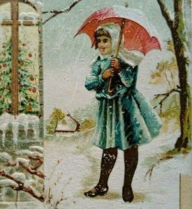Christmas Postcard Girl Under Umbrella Winter Snow Embossed Vintage Germany 1908