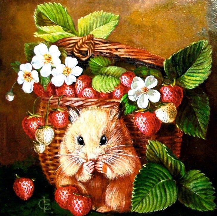 Hamster and Strawberry in Basket 13x13 cm Russia MODERN POSTCARD