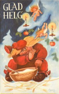 Swedish Postcard Tomte Gnome Eats Buttered Porridge Christmas Glad Helg Geerd