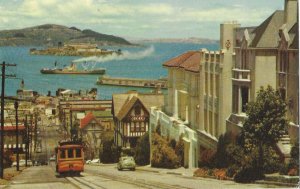 Cable Car on Hyde Street Alcatraz in Background San Francisco California