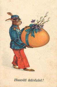 B583 Postman uniform dressed humanized rabbit caricature Easter greeting Hungary
