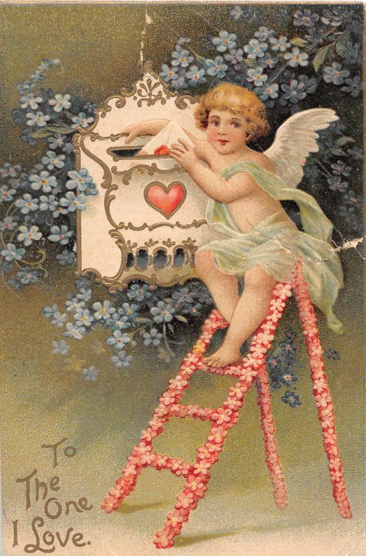 E12/ Valentine's Day Love Postcard 1908 Zanesville Ohio Cupid Flower Ladder 8 