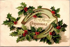 Vtg A Merry Christmas Embossed Holly Horseshoe Good Luck 1910s Old Postcard