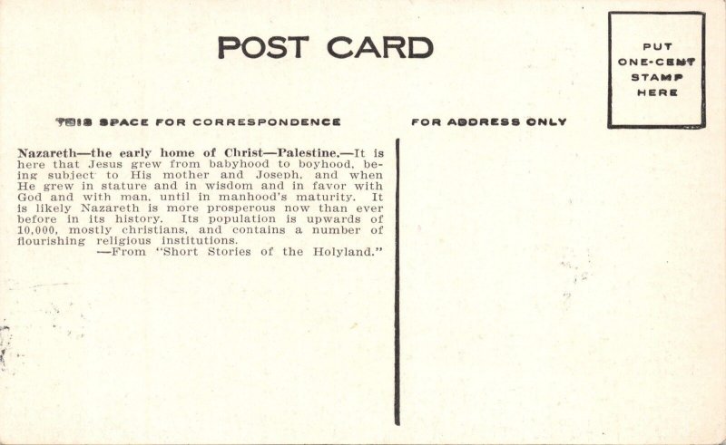 NAZARETH PALESTINE~EARLY HOME OF CHRIST-JESUS GREW TO BOYHOOD POSTCARD