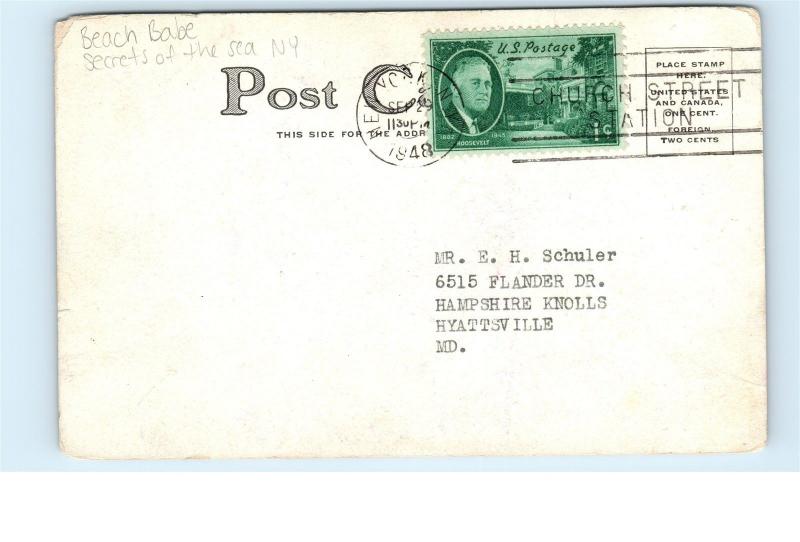 1940s Beach Babe in Sand Secrets of the Sea New York NY Vintage Old Postcard A39