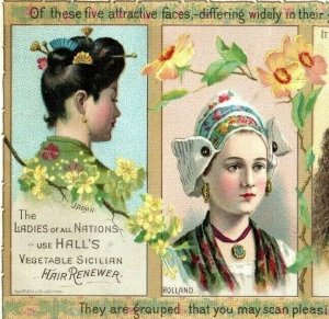 1880s-90s Hall's Sicilian Hair Renewer Mantel Screen Card Girls Japan #5 A