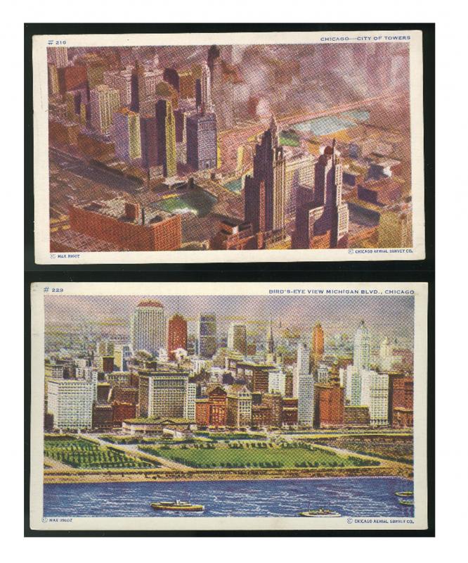 2 Aerial views Chicago IL City of Towers Michigan Blvd Vintage Postcards