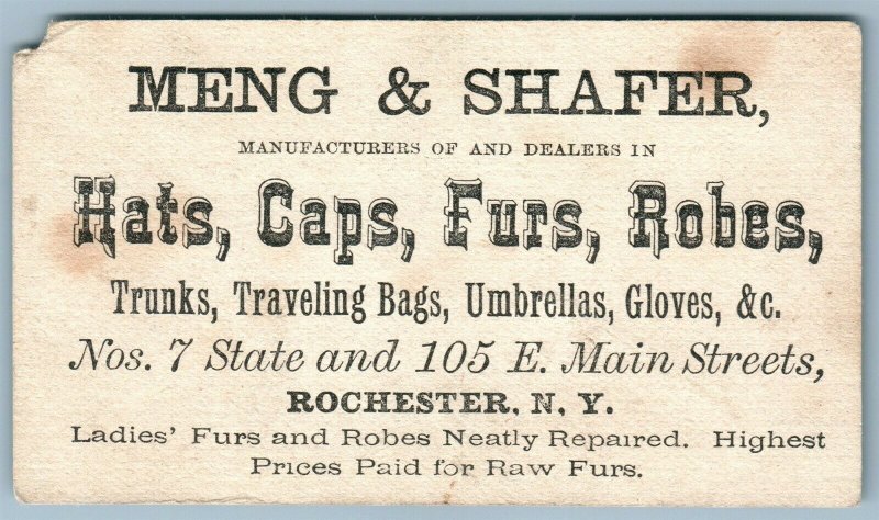 ROCHESTER NY HATS CAPS FURS ROBES ANTIQUE ADVERTISING VICTORIAN TRADE CARD