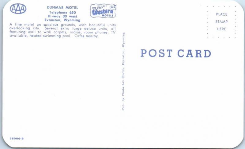 EVANSTON, Wyoming  WY   Roadside  DUNMAR MOTEL  Lincoln Highway  1950s  Postcard